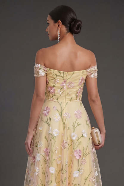 Light Yellow Floral Backless Long Wedding Guest Dress