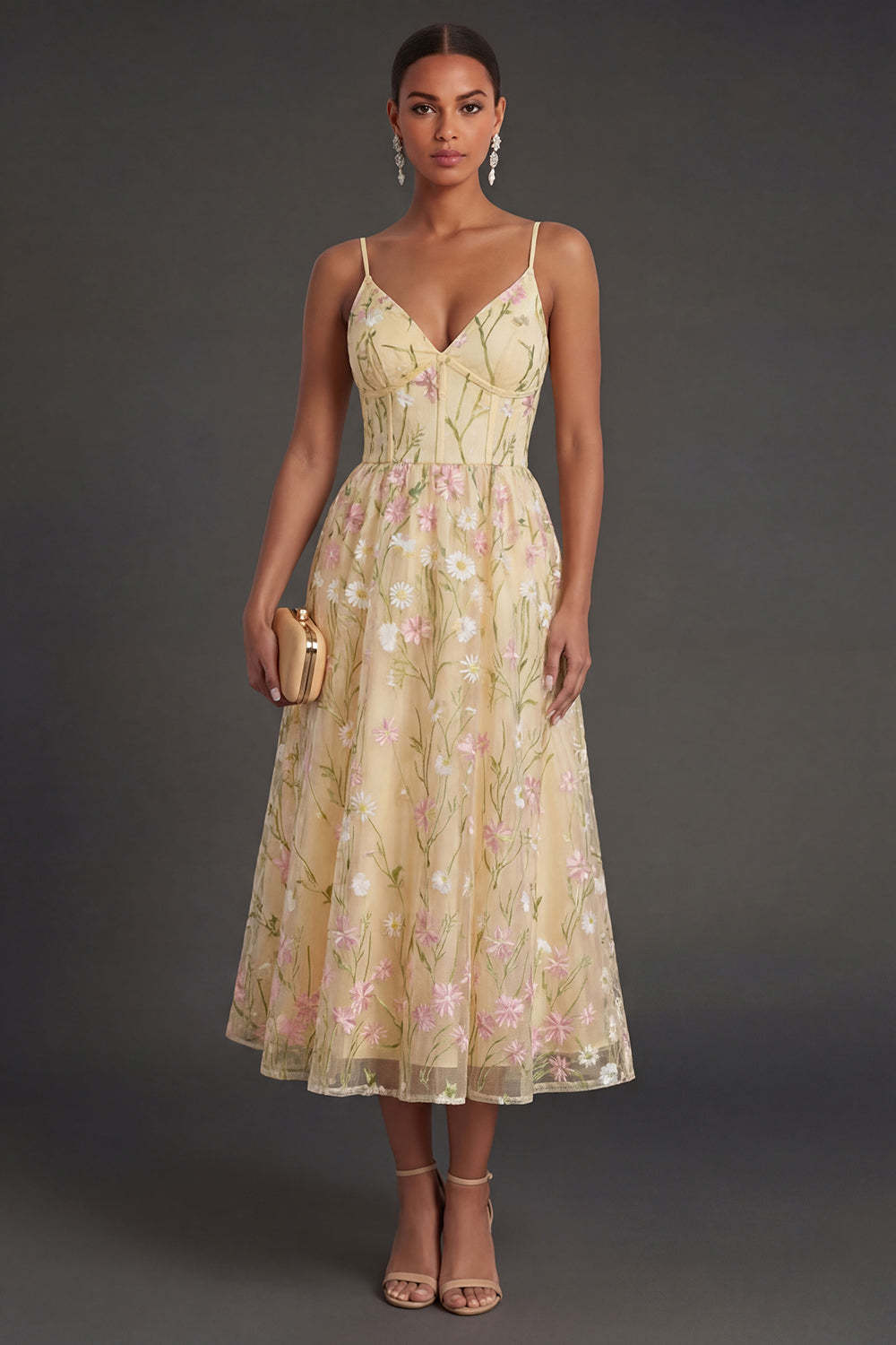 Leely Women Light Yellow Floral A Line Midi Wedding Guest Dress Spaghetti Straps Backless Garden Party Dress