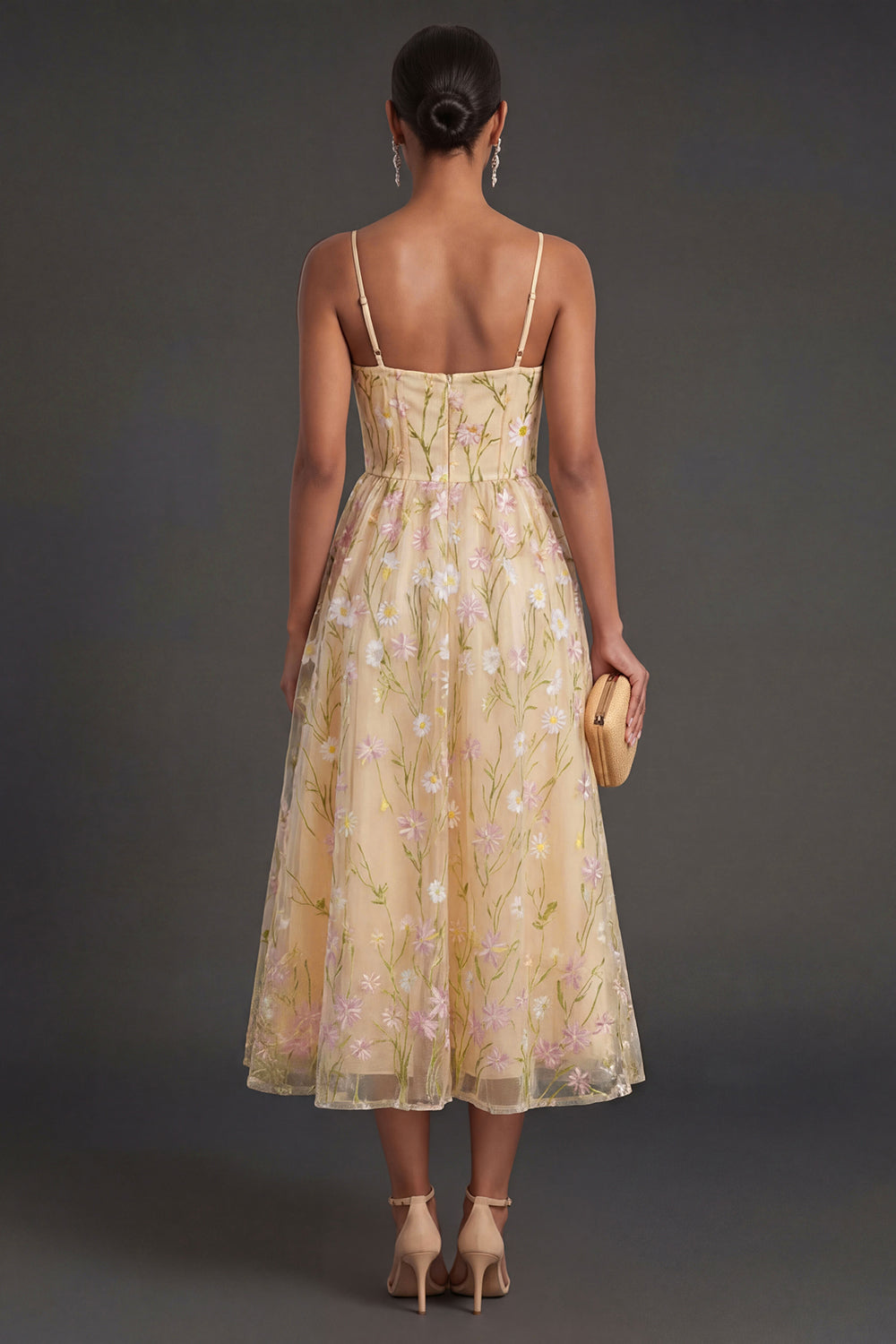 Light Yellow Floral A Line Midi Wedding Guest Dress