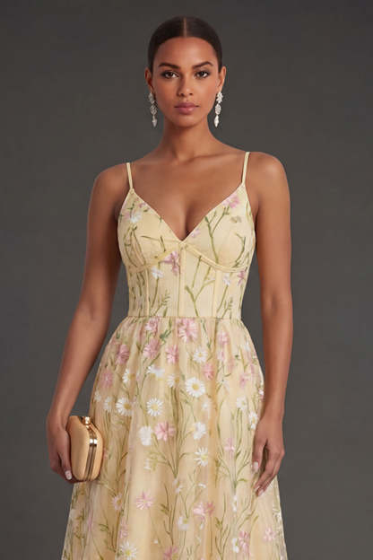 Light Yellow Floral A Line Midi Wedding Guest Dress
