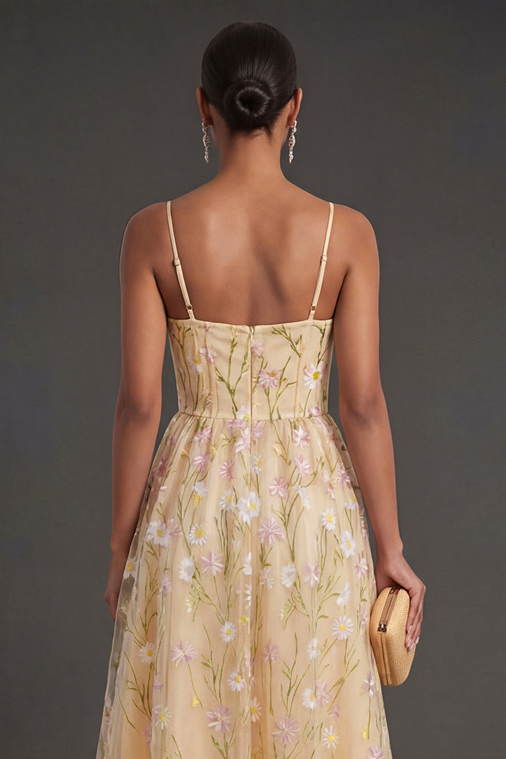 Light Yellow Floral A Line Midi Wedding Guest Dress