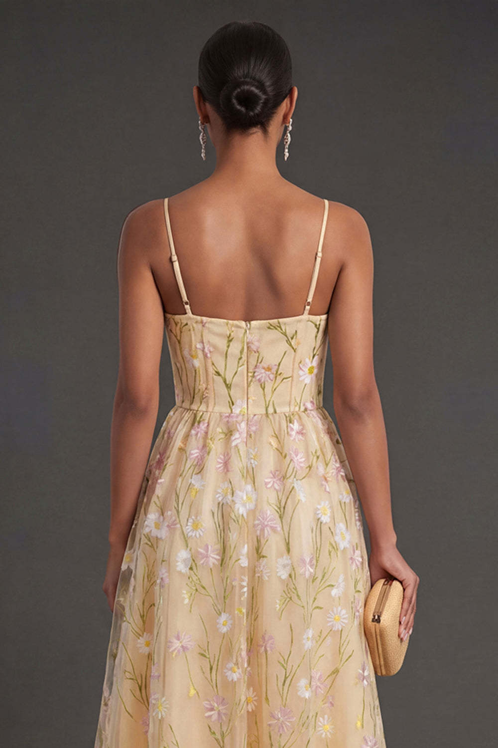 Light Yellow Floral A Line Midi Wedding Guest Dress