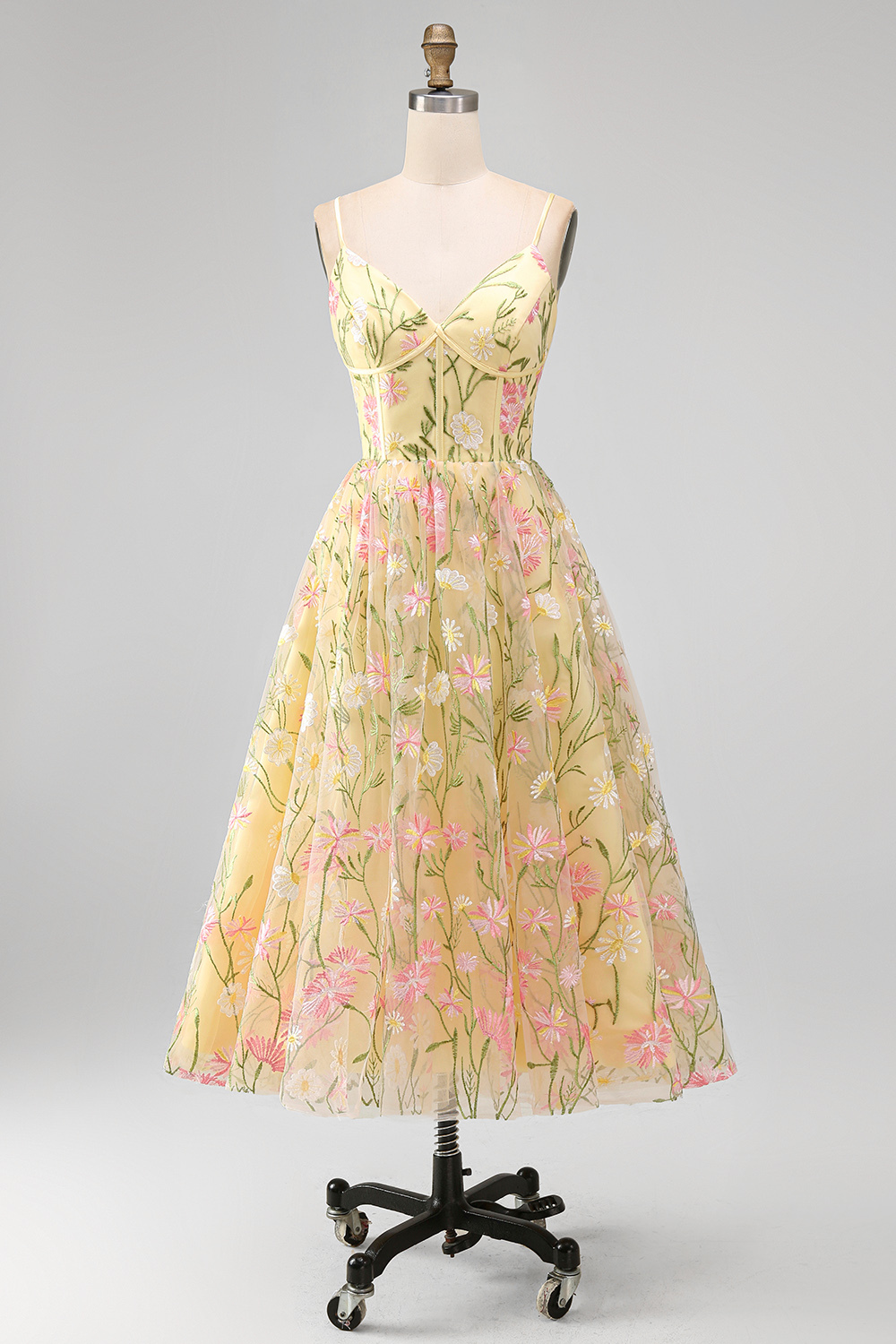 Light Yellow Floral A Line Midi Wedding Guest Dress