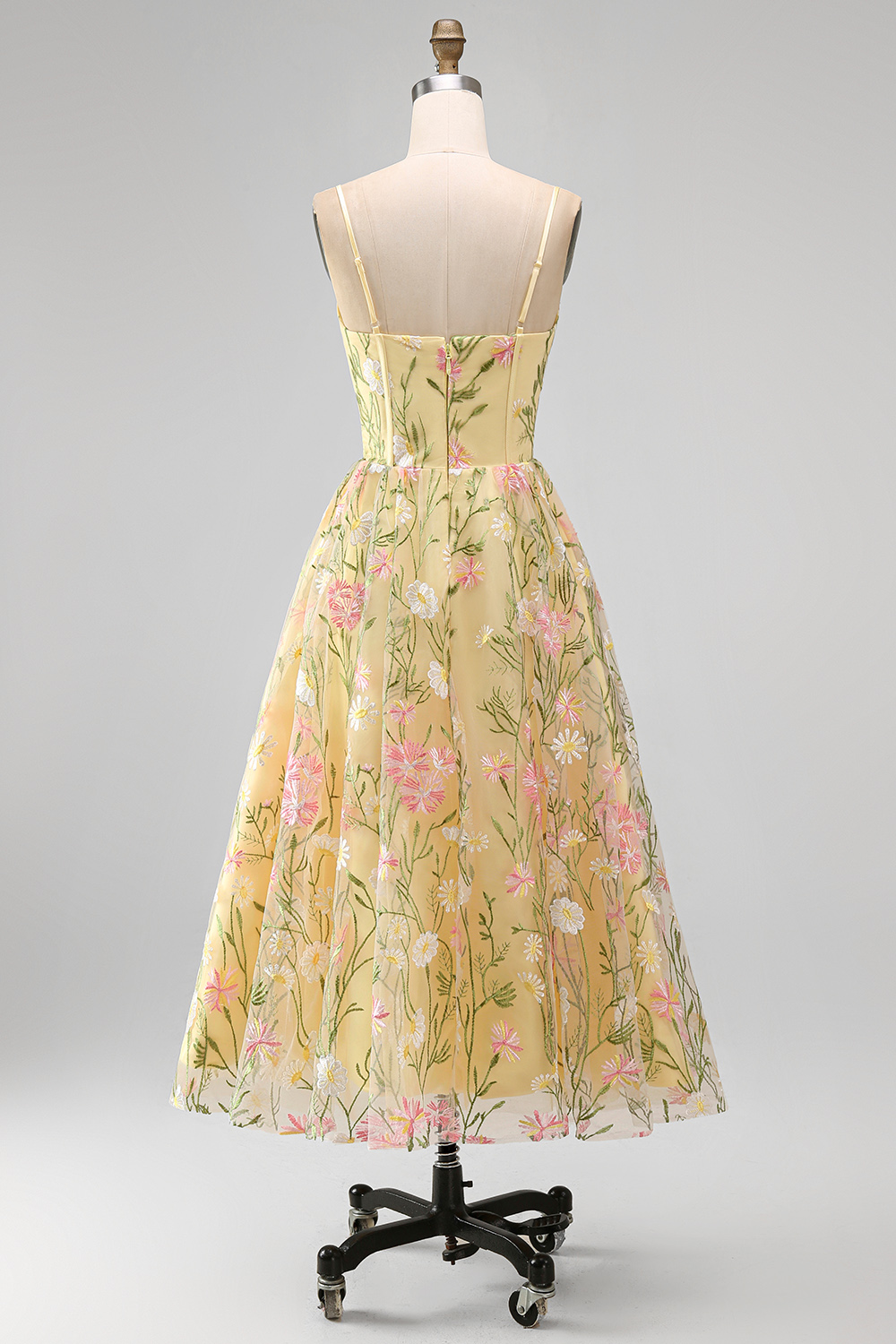 Light Yellow Floral A Line Midi Wedding Guest Dress