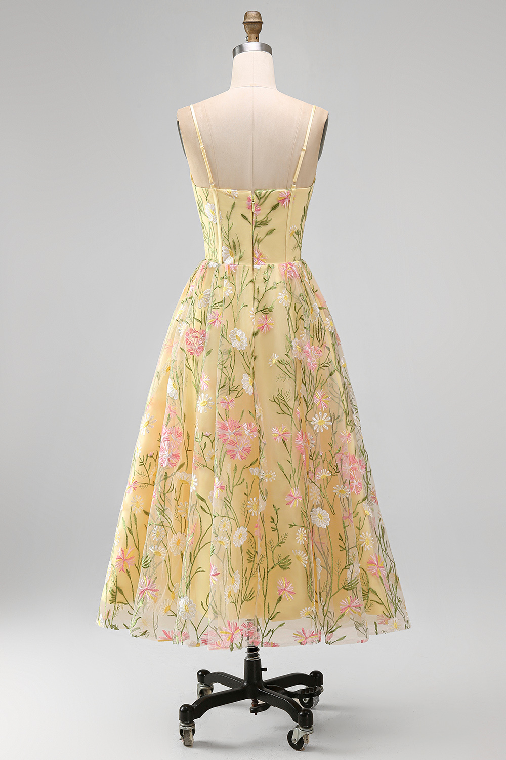 Light Yellow Floral A Line Midi Wedding Guest Dress