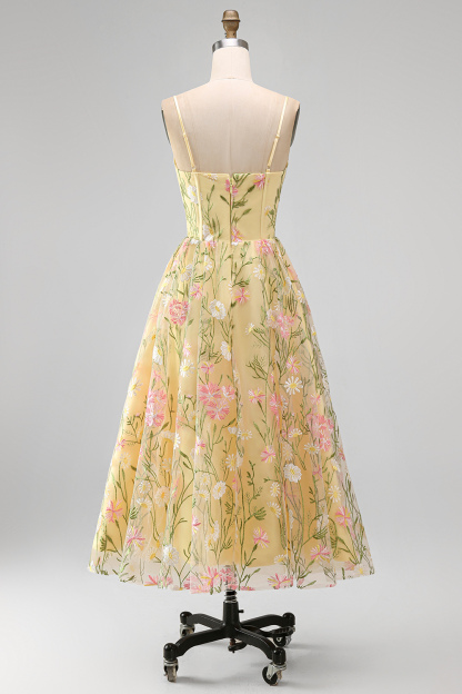 Light Yellow Floral A Line Midi Wedding Guest Dress