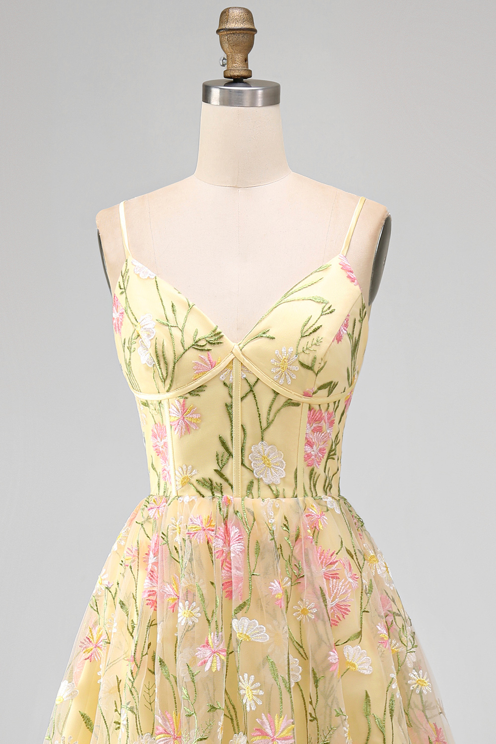 Light Yellow Floral A Line Midi Wedding Guest Dress