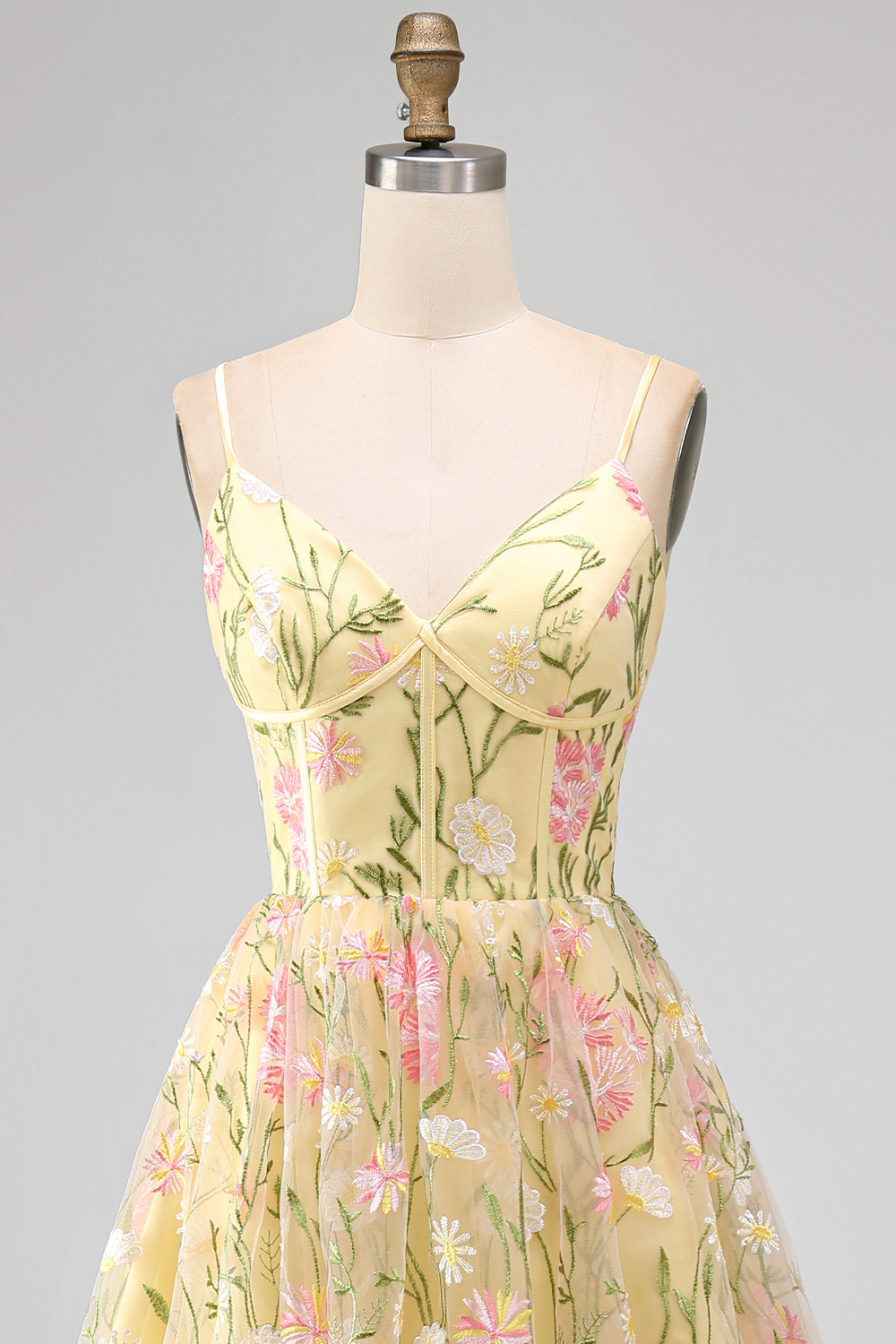 Light Yellow Floral A Line Midi Wedding Guest Dress