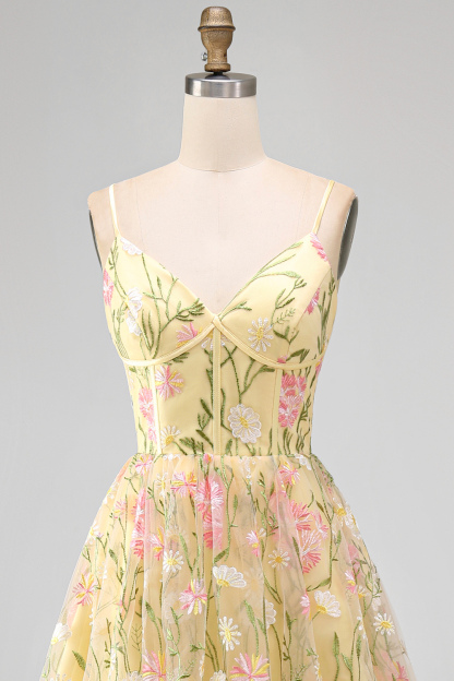 Light Yellow Floral A Line Midi Wedding Guest Dress