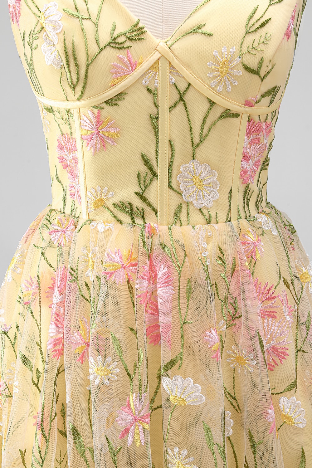 Light Yellow Floral A Line Midi Wedding Guest Dress