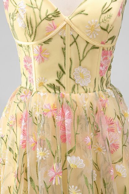 Light Yellow Floral A Line Midi Wedding Guest Dress