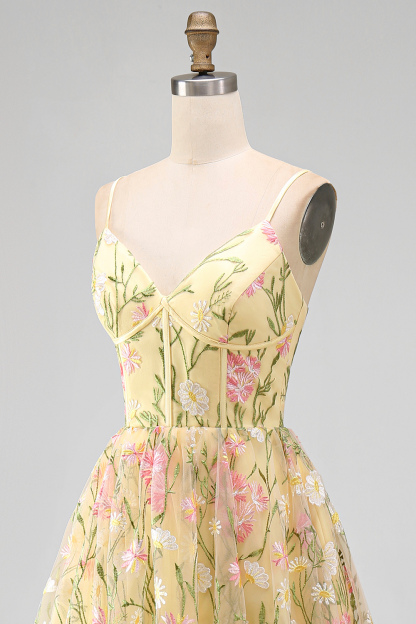 Light Yellow Floral A Line Midi Wedding Guest Dress