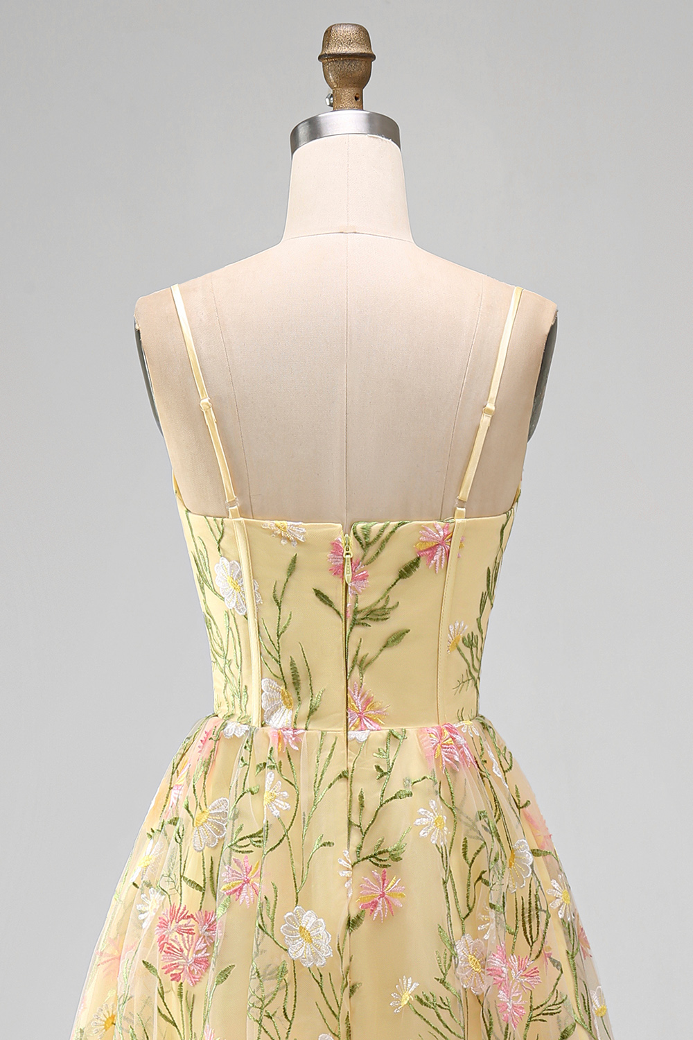 Light Yellow Floral A Line Midi Wedding Guest Dress