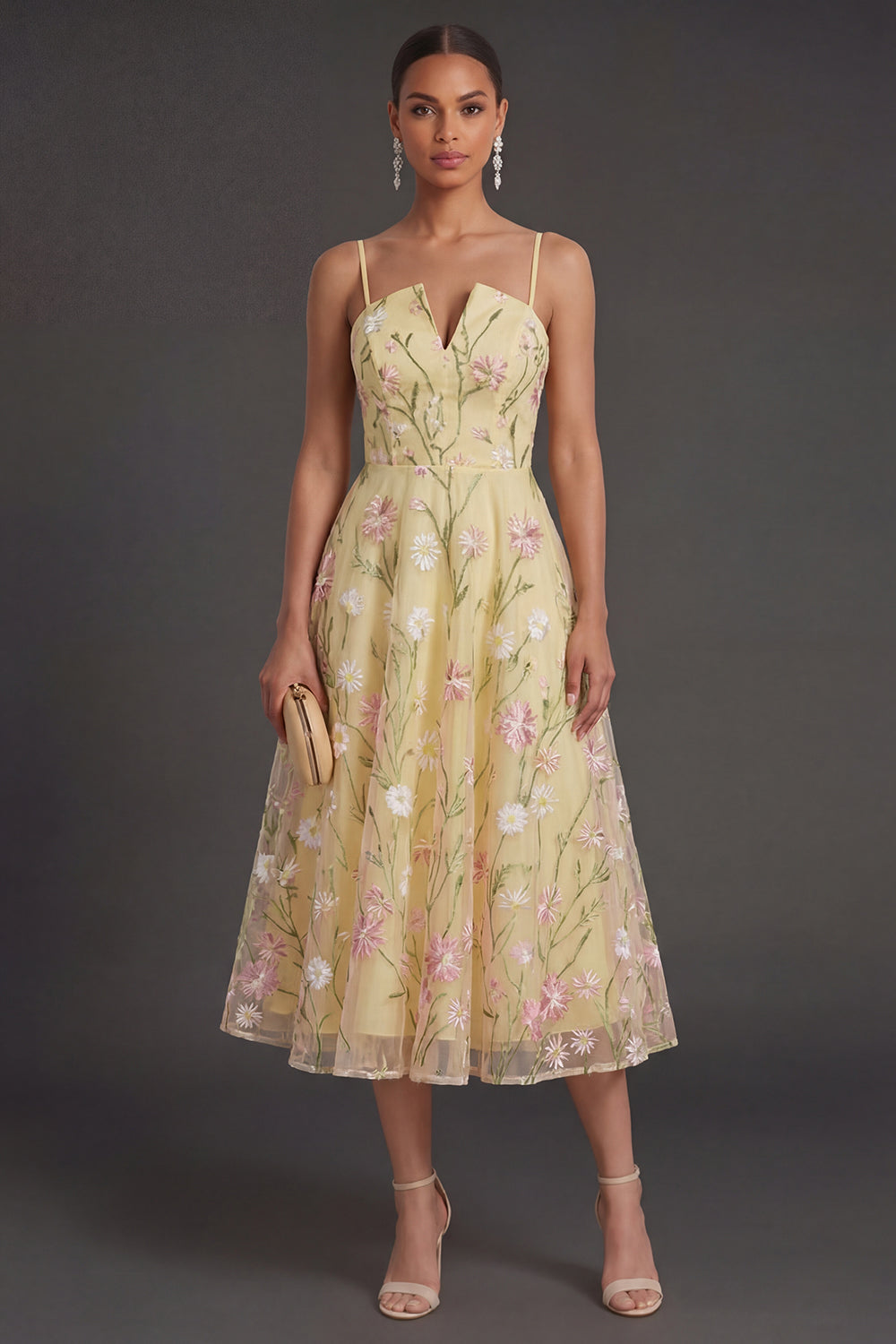 Leely Women A Line Light Yellow Floral Midi Wedding Guest Dress Spaghetti Straps Backless Garden Party Dress