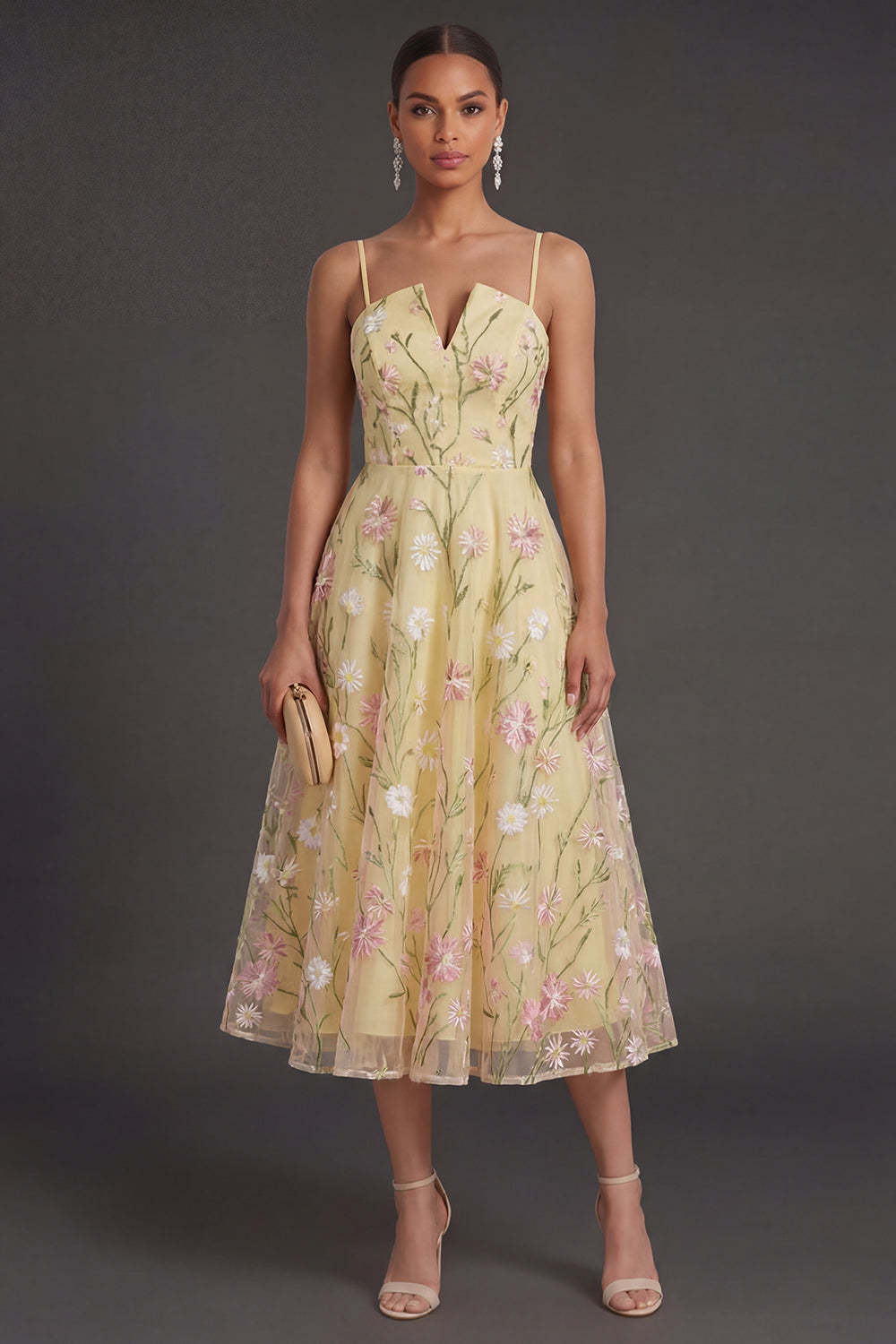 Leely Women A Line Light Yellow Floral Midi Wedding Guest Dress Spaghetti Straps Backless Garden Party Dress