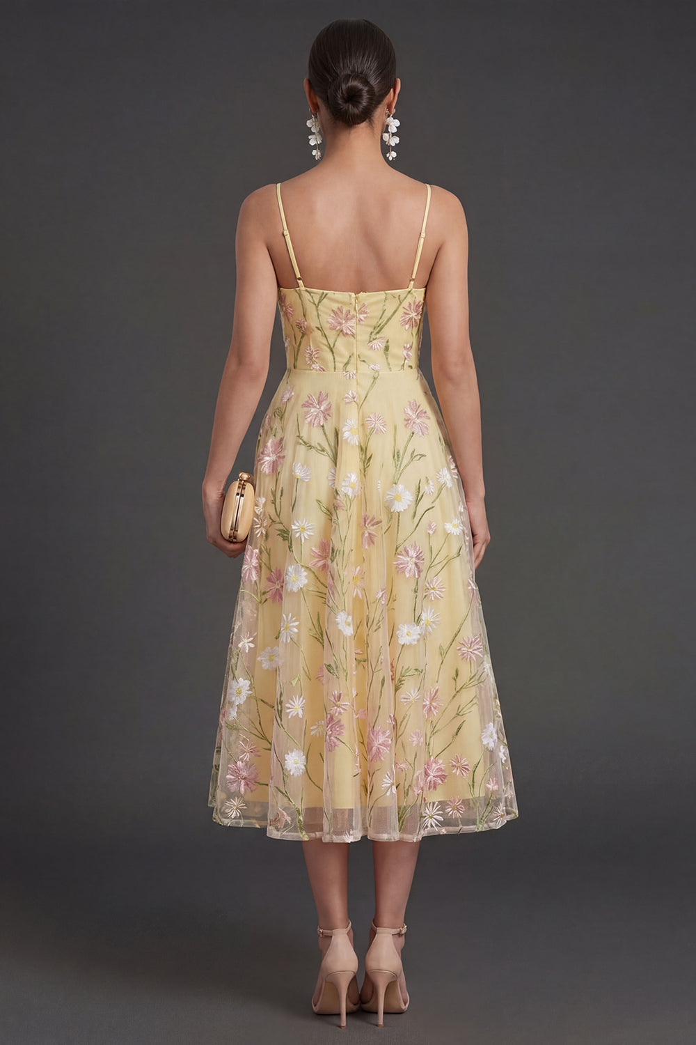 A Line Light Yellow Floral Midi Wedding Guest Dress