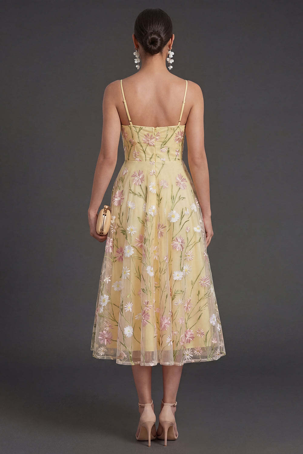 A Line Light Yellow Floral Midi Wedding Guest Dress