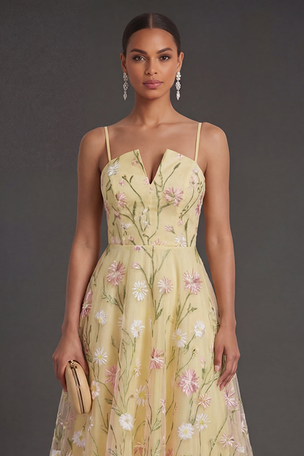 A Line Light Yellow Floral Midi Wedding Guest Dress