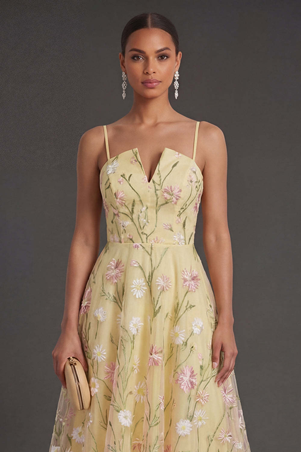 A Line Light Yellow Floral Midi Wedding Guest Dress