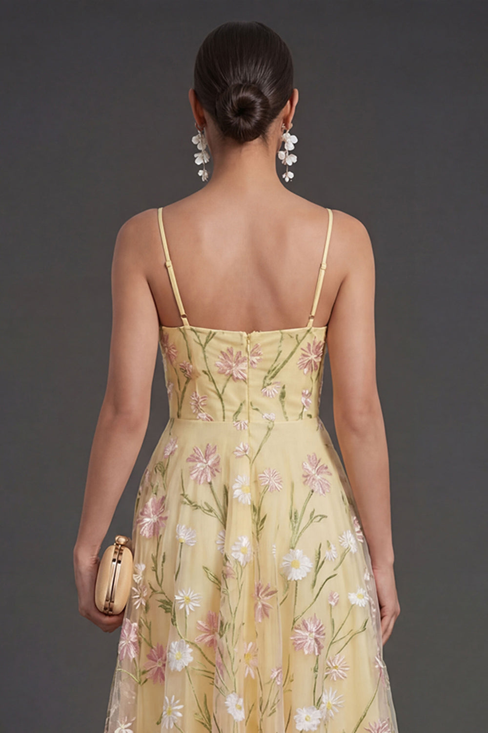 A Line Light Yellow Floral Midi Wedding Guest Dress
