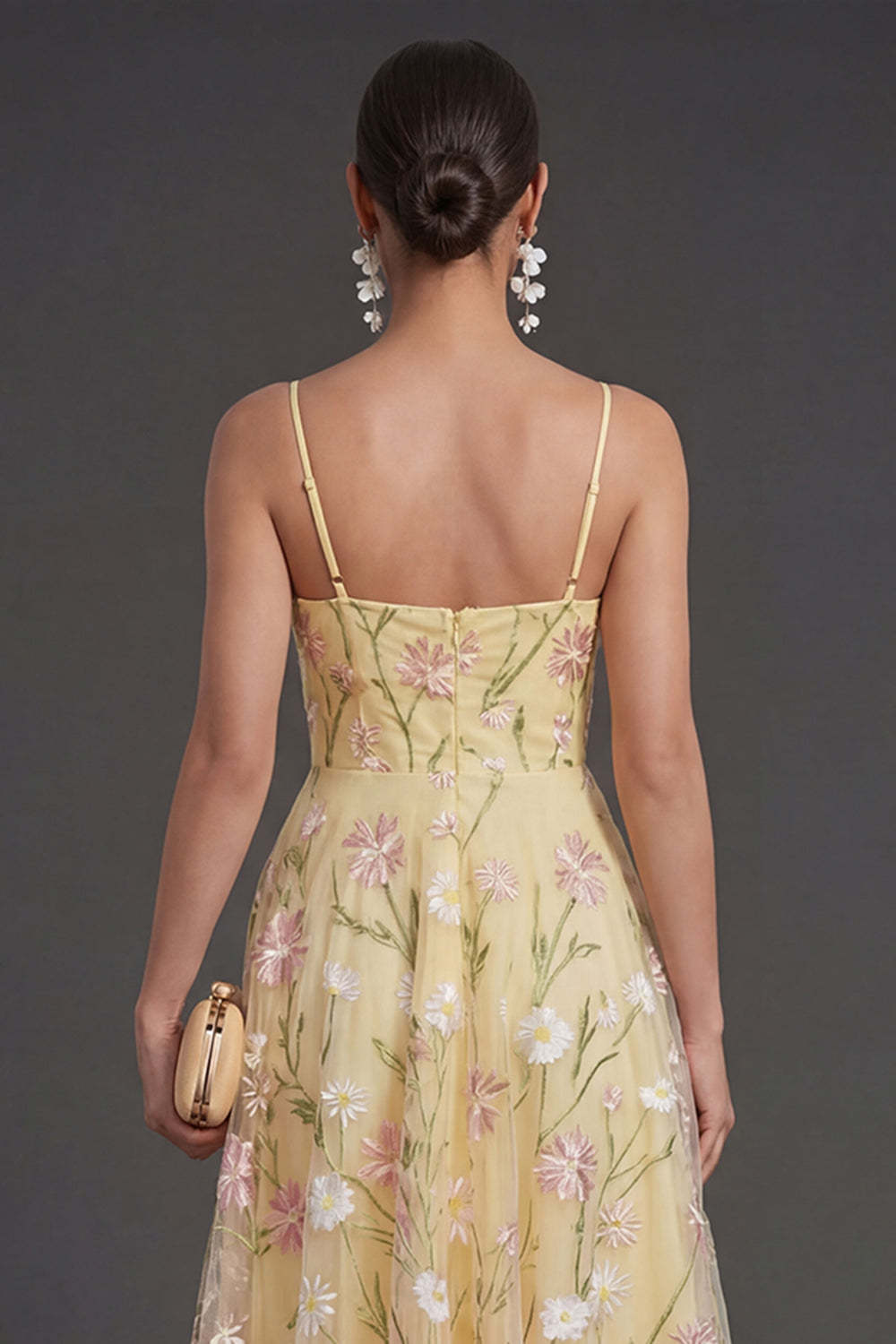 A Line Light Yellow Floral Midi Wedding Guest Dress
