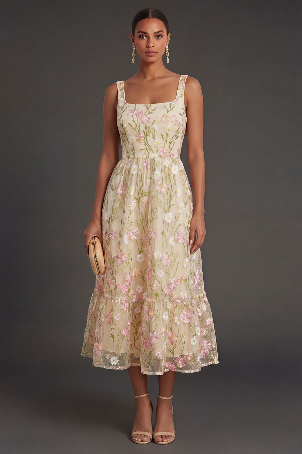 Leely Women Thick Straps Light Yellow Floral Midi Wedding Guest Dress Backless A Line Garden Party Dress