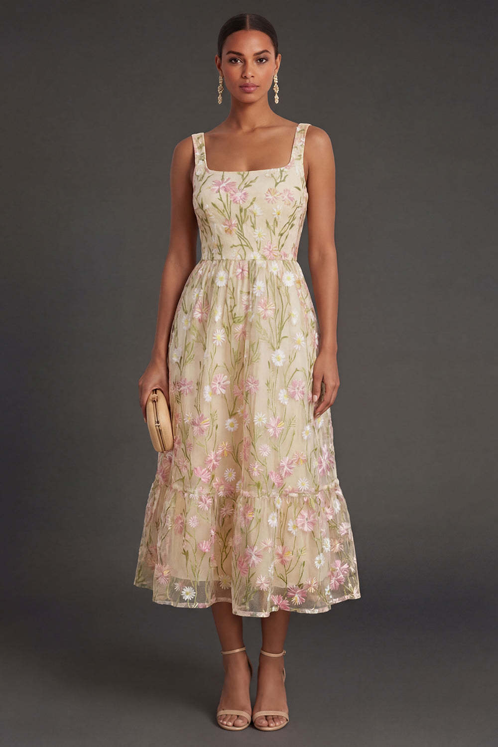 Leely Women Thick Straps Light Yellow Floral Midi Wedding Guest Dress Backless A Line Garden Party Dress