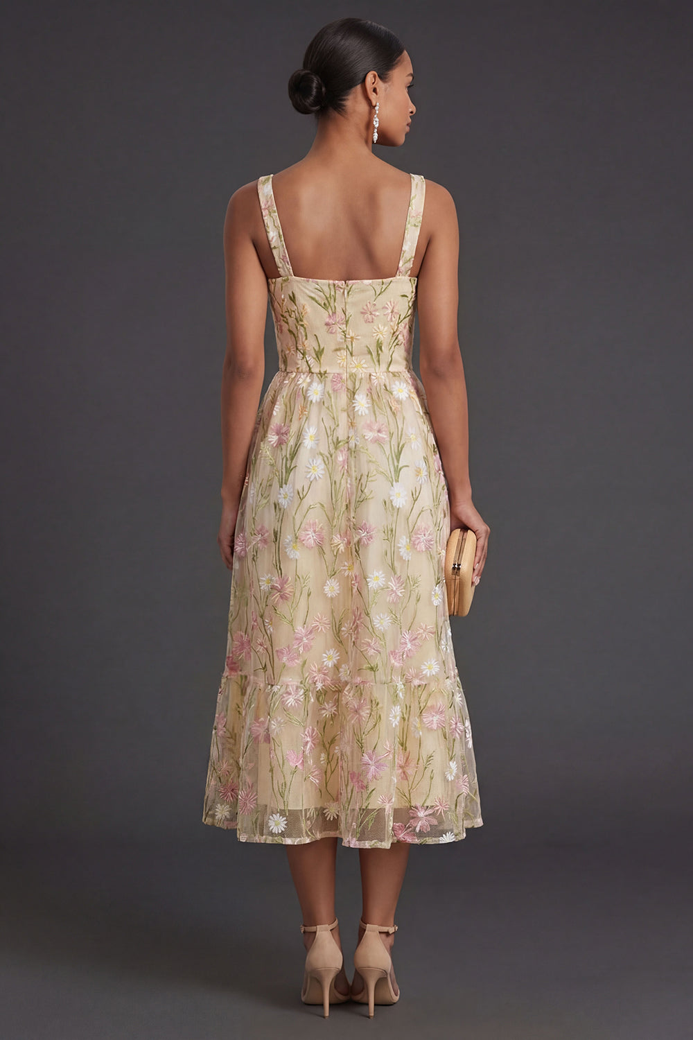 Thick Straps Light Yellow Floral Midi Wedding Guest Dress