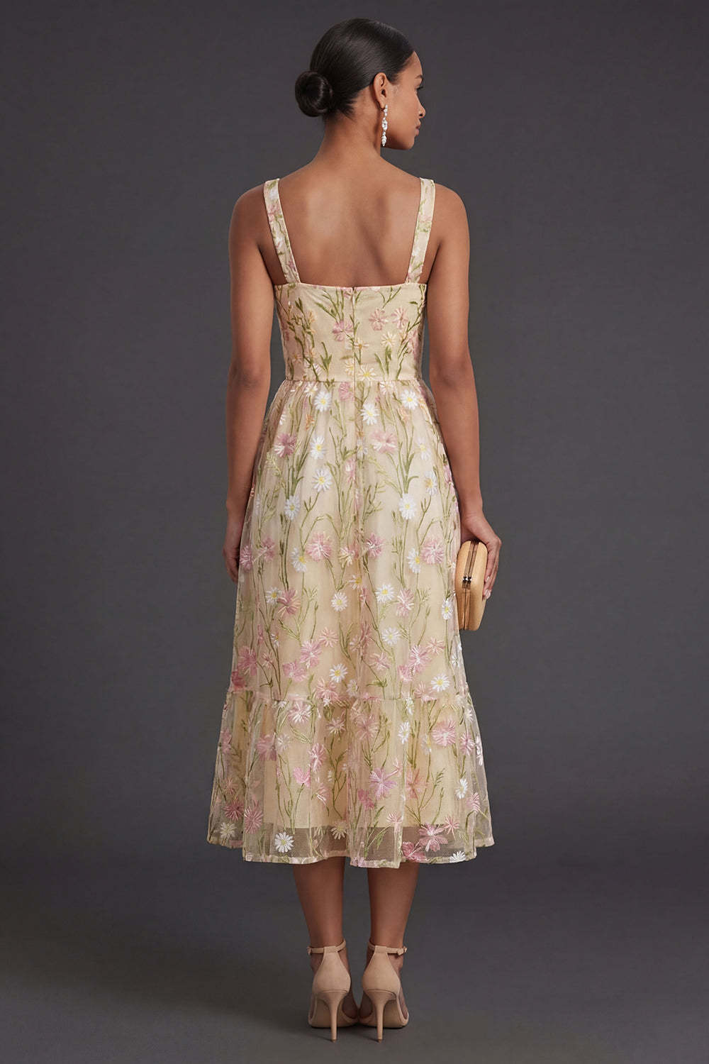 Thick Straps Light Yellow Floral Midi Wedding Guest Dress