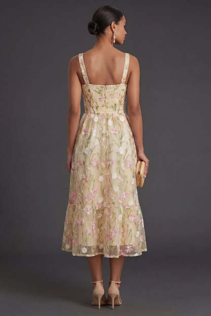 Thick Straps Light Yellow Floral Midi Wedding Guest Dress