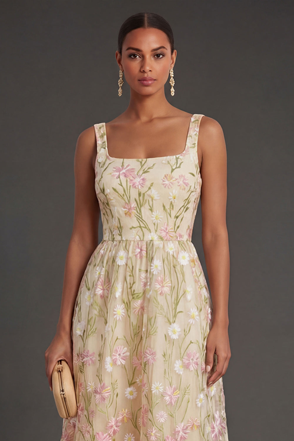 Thick Straps Light Yellow Floral Midi Wedding Guest Dress