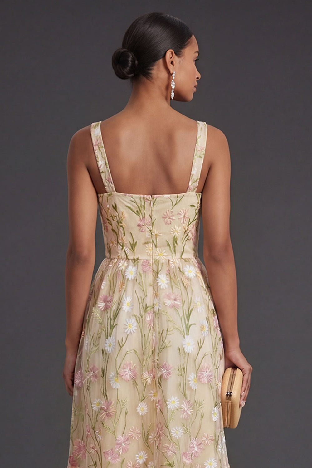 Thick Straps Light Yellow Floral Midi Wedding Guest Dress