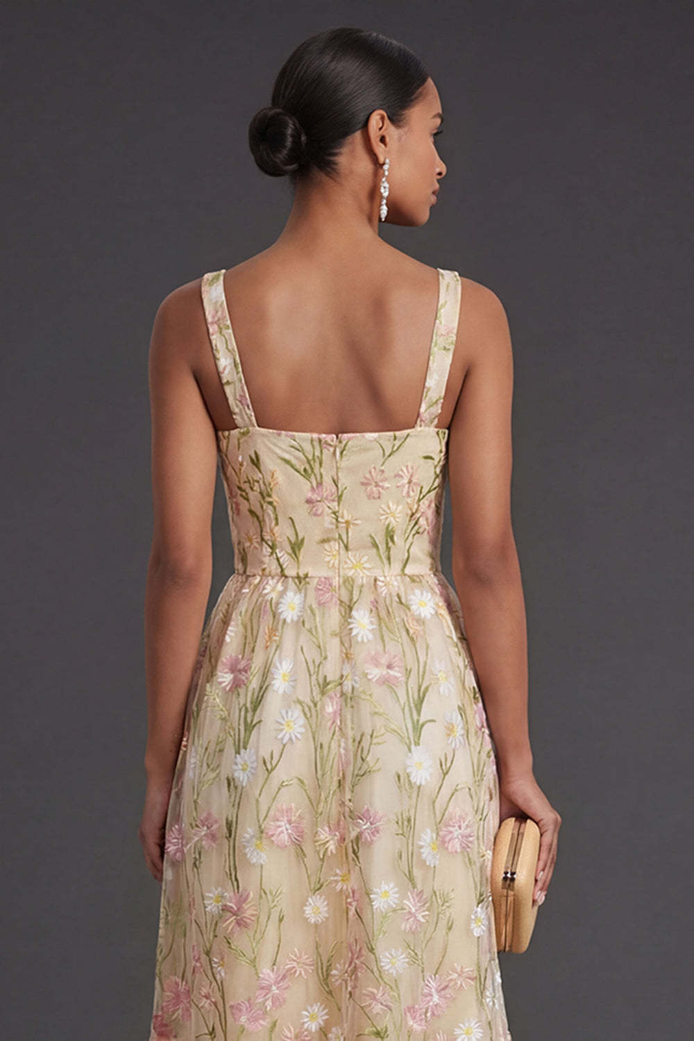 Thick Straps Light Yellow Floral Midi Wedding Guest Dress