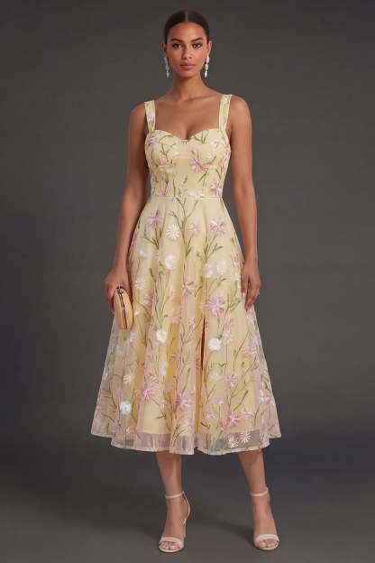 Leely Women Corset Light Yellow Floral Midi Wedding Guest Dress Thick Straps Backless Sleeveless Garden Party Dress