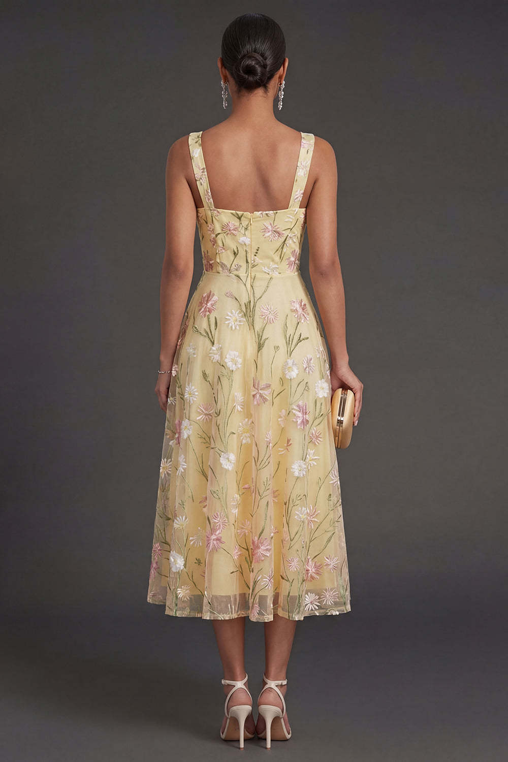 Corset Thick Straps Light Yellow Floral Midi Wedding Guest Dress