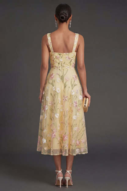 Corset Thick Straps Light Yellow Floral Midi Wedding Guest Dress