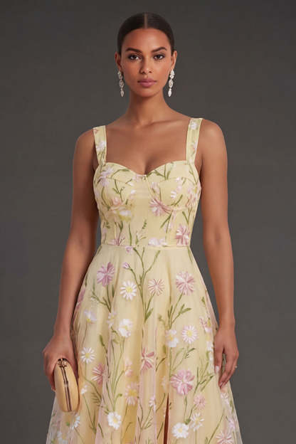 Corset Thick Straps Light Yellow Floral Midi Wedding Guest Dress