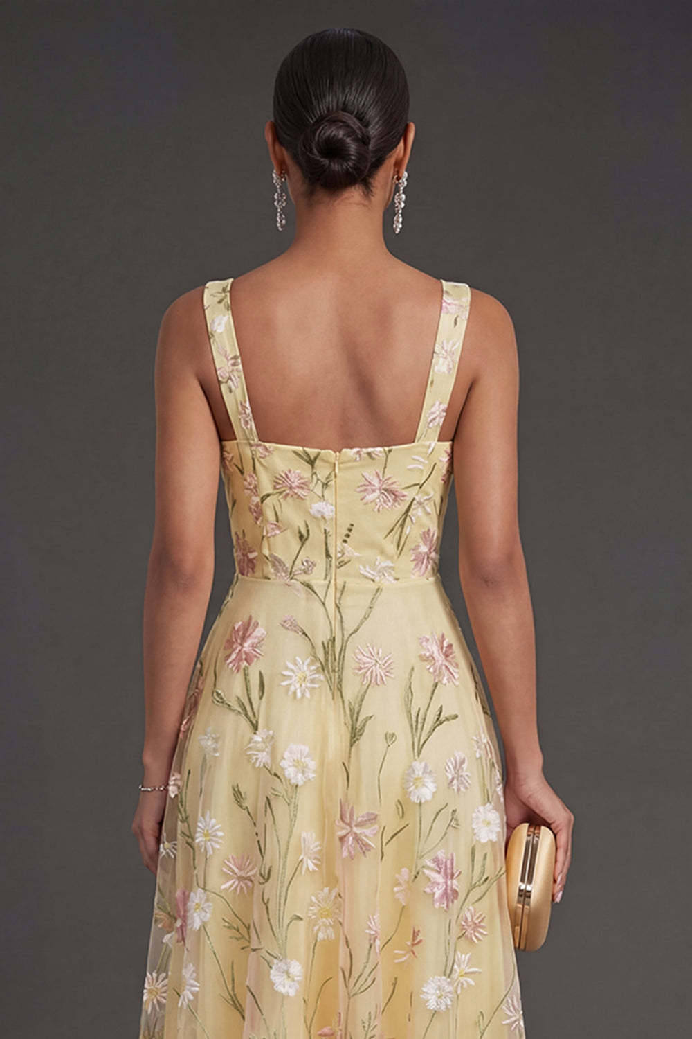 Corset Thick Straps Light Yellow Floral Midi Wedding Guest Dress
