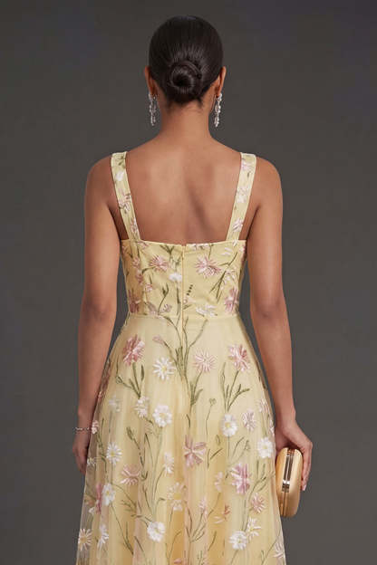 Corset Thick Straps Light Yellow Floral Midi Wedding Guest Dress