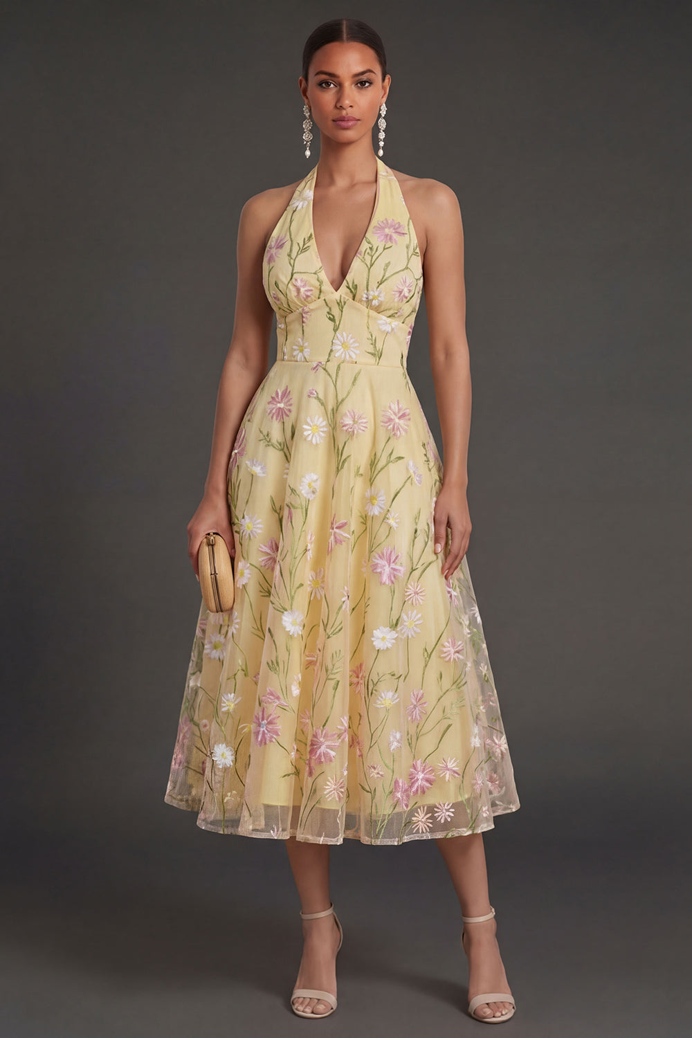Light Yellow Floral A Line Midi Wedding Guest Dress