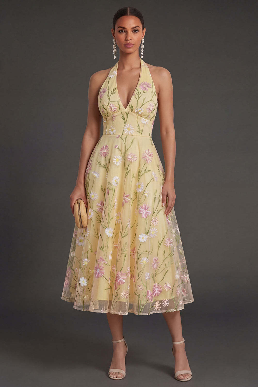 Leely Women Light Yellow Floral A Line Midi Wedding Guest Dress Halter Neck Backless Garden Party Dress