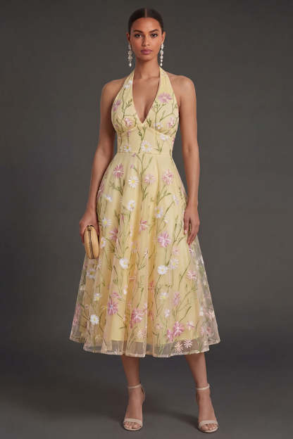 Leely Women Light Yellow Floral A Line Midi Wedding Guest Dress Halter Neck Backless Garden Party Dress