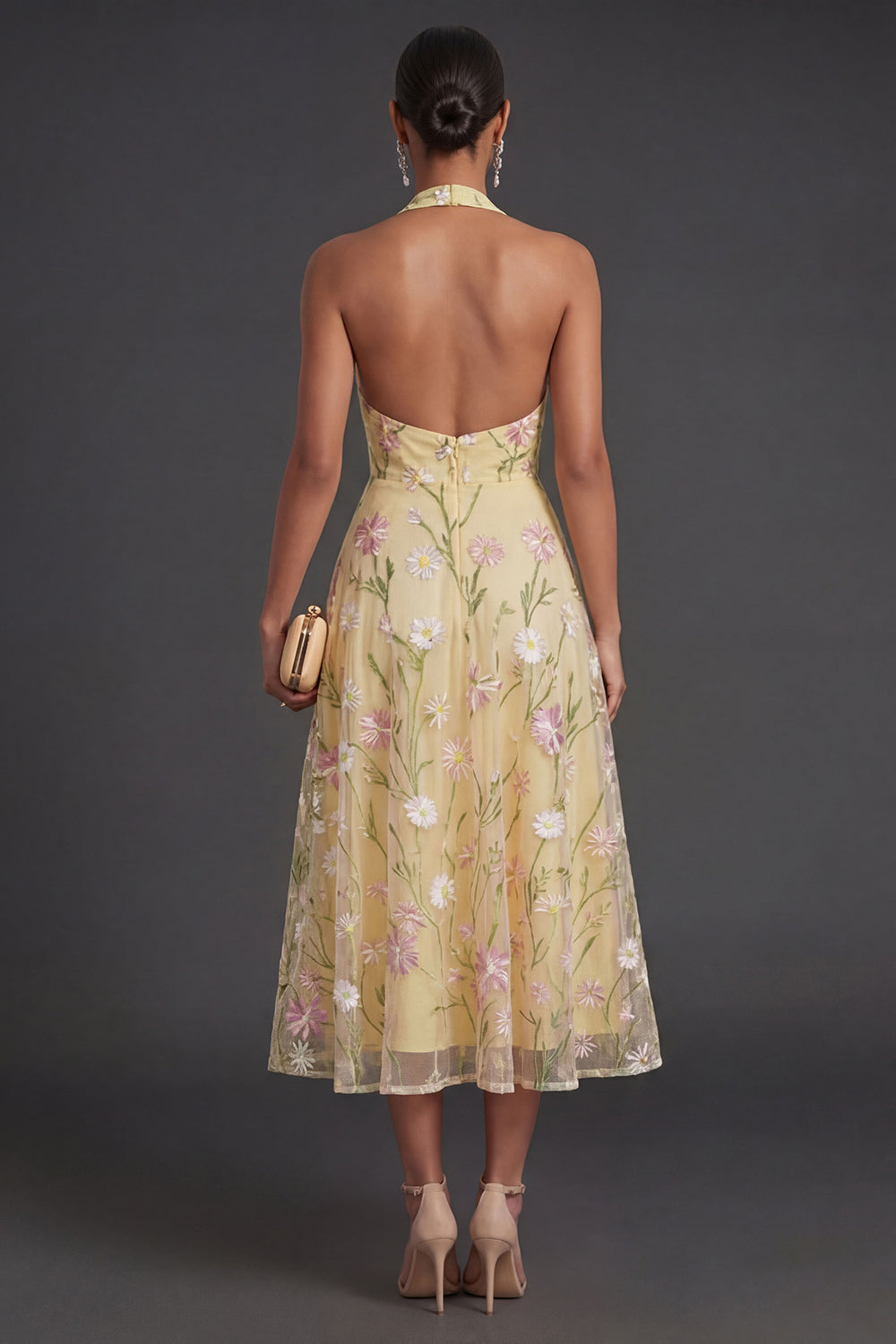 Light Yellow Floral A Line Midi Wedding Guest Dress