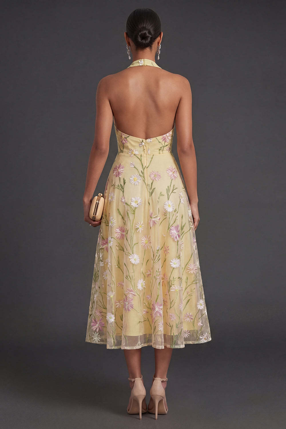 Light Yellow Floral A Line Midi Wedding Guest Dress