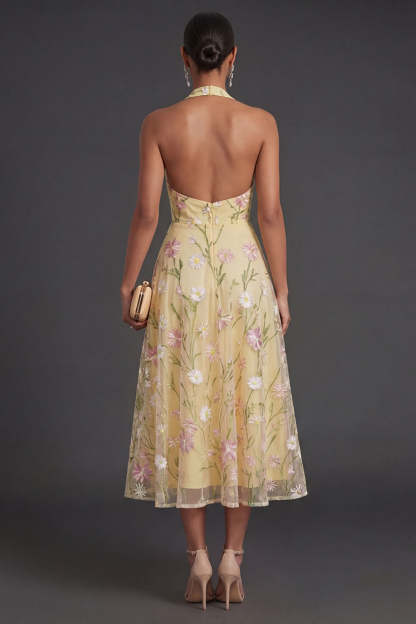 Light Yellow Floral A Line Midi Wedding Guest Dress