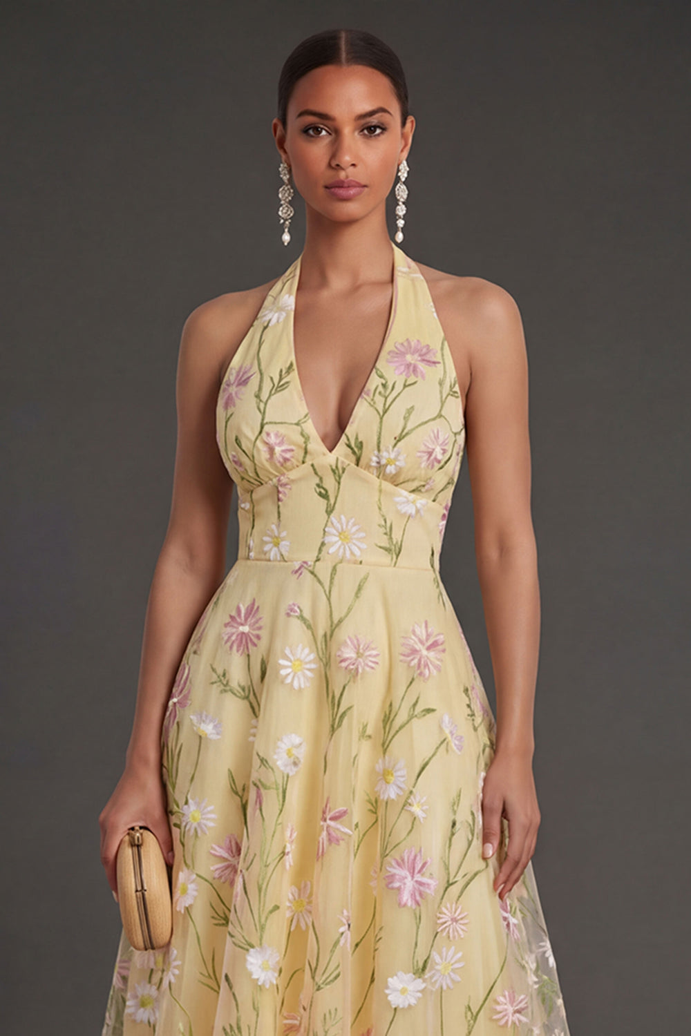 Light Yellow Floral A Line Midi Wedding Guest Dress