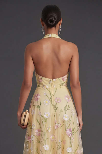 Light Yellow Floral A Line Midi Wedding Guest Dress