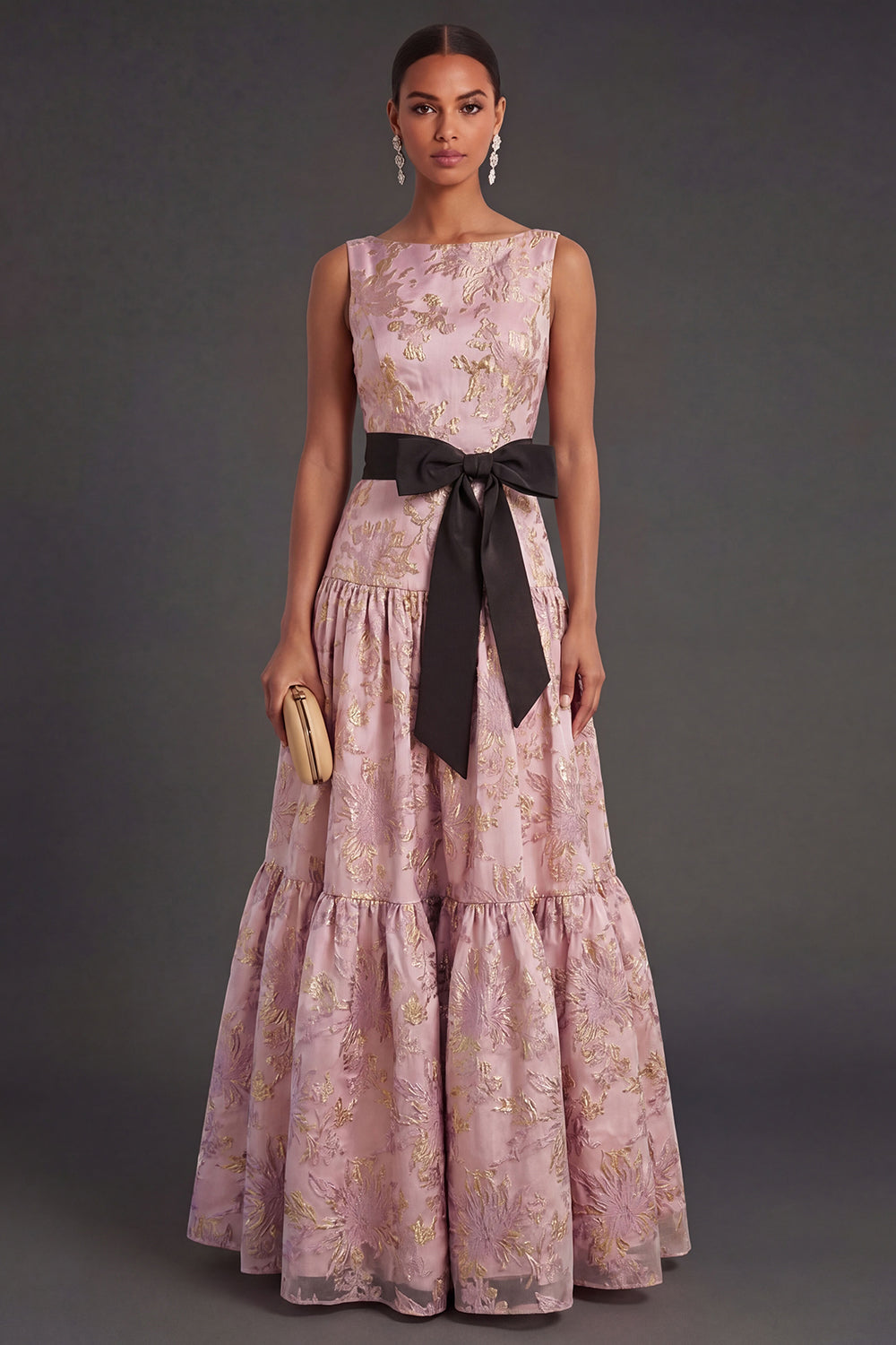 Leely Women Dusty Blue Floral A Line Sleeveless Long Wedding Guest Dress Jacquard Round Neck Formal Dress