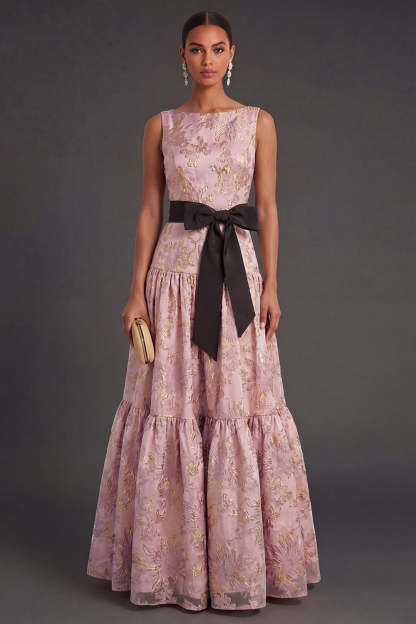Leely Women Dusty Blue Floral A Line Sleeveless Long Wedding Guest Dress Jacquard Round Neck Formal Dress