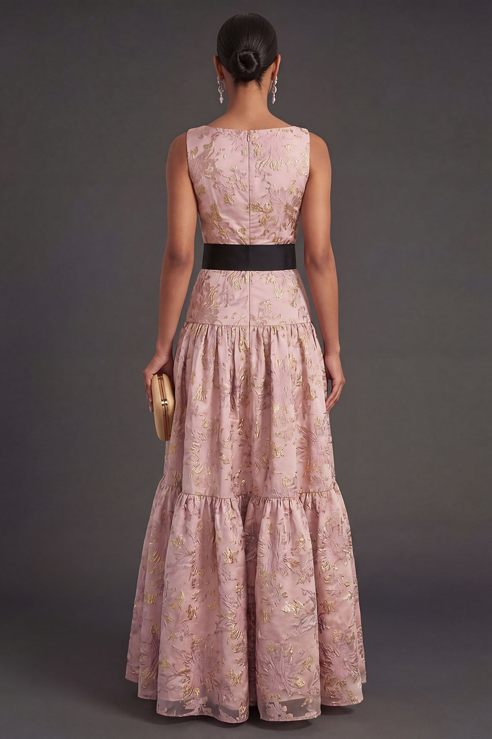 Dusty Blue Floral A Line Sleeveless Long Wedding Guest Dress